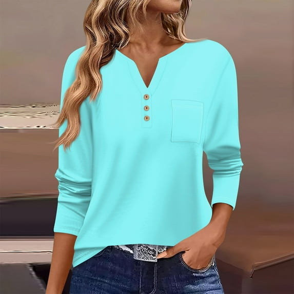 Tshirts Women Trendy Women's T Shirt Tee Button Long Sleeve Daily Weekend Fashion Basic V- Neck Regular Top With Pocket