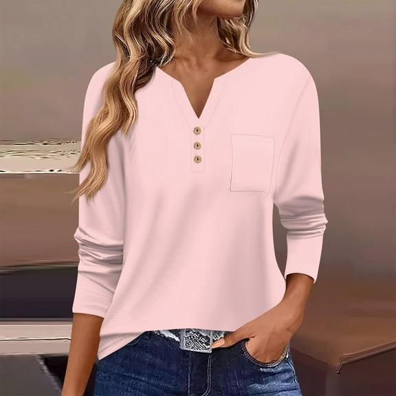 Tshirts Women Trendy Women's T Shirt Tee Button Long Sleeve Daily Weekend Fashion Basic V- Neck Regular Top With Pocket