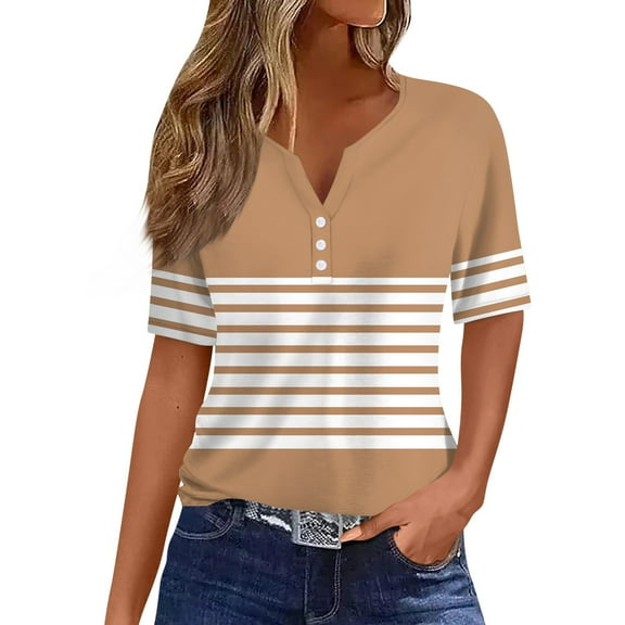 Tshirts Women Trendy Women's T Shirt Tee Print Button Short Sleeve Daily Weekend Fashion Basic V- Neck Regular Top