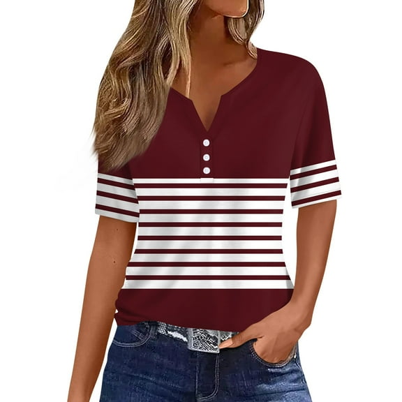 Tshirts Women Trendy Women's T Shirt Tee Print Button Short Sleeve Daily Weekend Fashion Basic V- Neck Regular Top