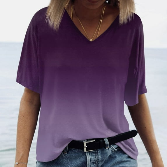 Tshirts Women Trendy Women's V-neck Short-sleeved Fashionable Gradient Printed Top