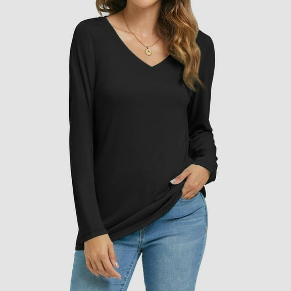 Tshirts Women Trendy Womens Long Sleeve V Neck Shirts Basic Tee Casual Top Fall Trendy Tunic Outfits Fitted T Shirts