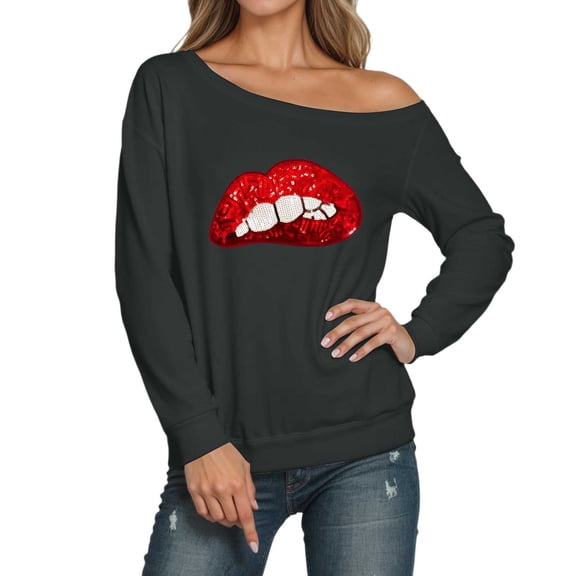 Tshirts for Women's Long Sleeve Off Shoulder Sweatshirt Lips Printed Crewneck Pullover Hoodless Casual Tops for Fall Winter Valentine's Day A-Dark Gray XL
