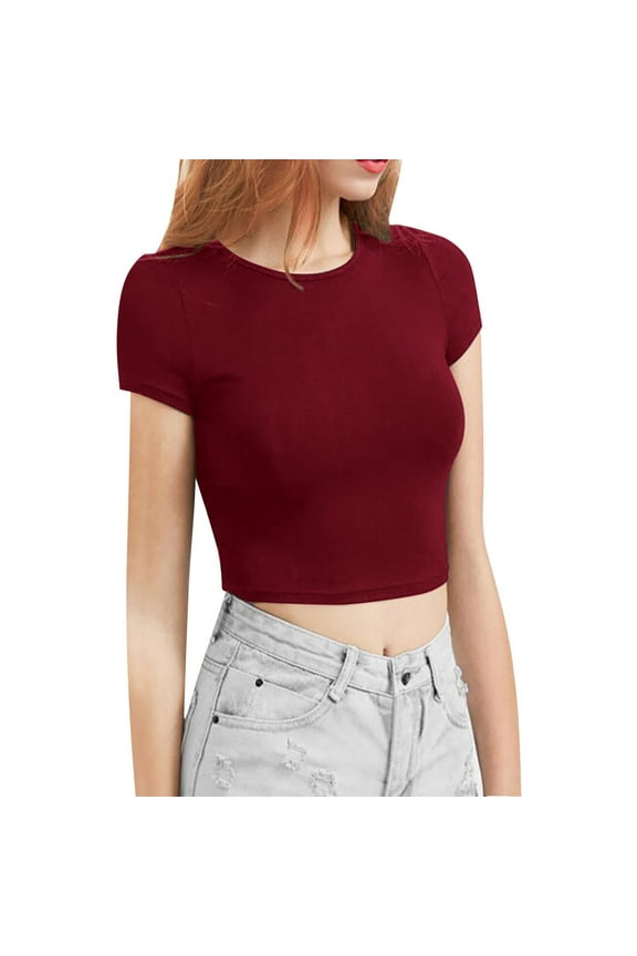 Tshirts for Women's Shoulder Length Short Sleeved T Shirt Women's Slim Fit and Slimming Effect Paired with A Base High Waisted Short Exposed Navel Top Fashion Clothing