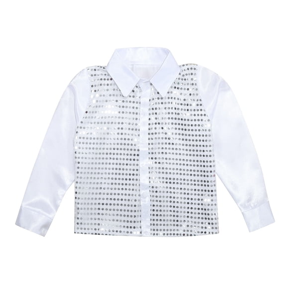 Tshirts for Boys 9-10 Years Kids Sparkly Sequins Dance Long Sleeve Button Down Jazz Dance Performance Tops T-Shirt