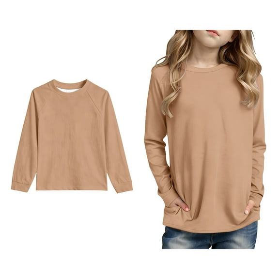 Tshirts for Boys Khaki Long Sleeve T-Shirt with Pockets Kids Crewneck T-Shirts Fall Tops Tshirt for Girls 7-8 Years