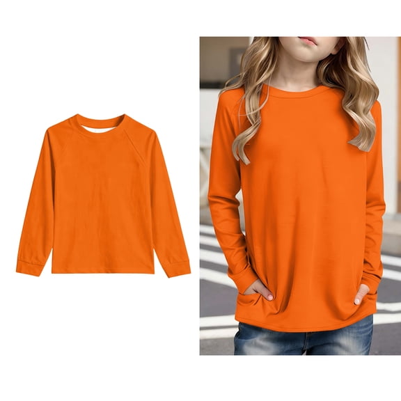 Tshirts for Boys Orange Long Sleeve T Shirts with Pockets Kids Crewneck Basic Tees Fall Clothes Girls Shirts Size 9-10 Years