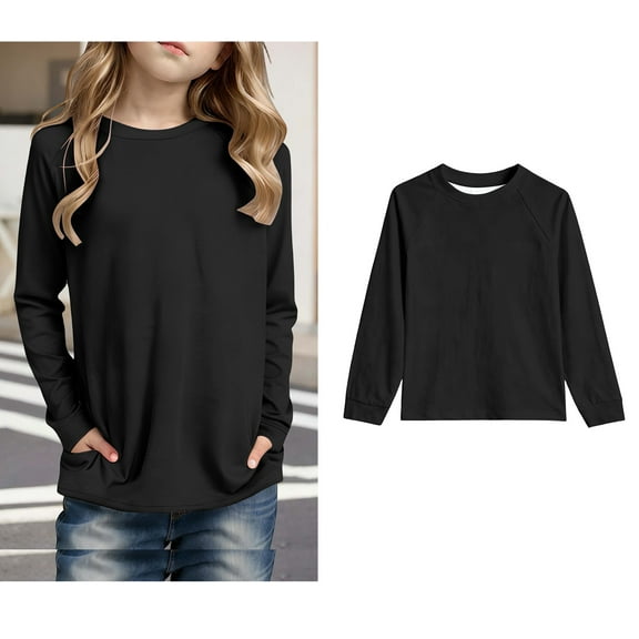 Tshirts for Girls Black Long Sleeve Tee Shirts with Pockets Girls Casual Crewneck Basic Tees Fall Clothes Boys Size 4-5 Years Shirts