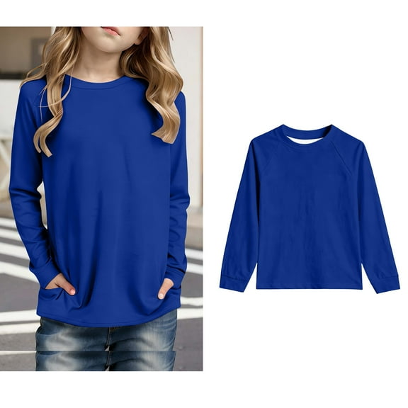Tshirts for Girls Blue Long Sleeve T-Shirts with Pocket Kids Crewneck Basic Tees Fall Tops Girl T-Shirts Size 5-6 Years