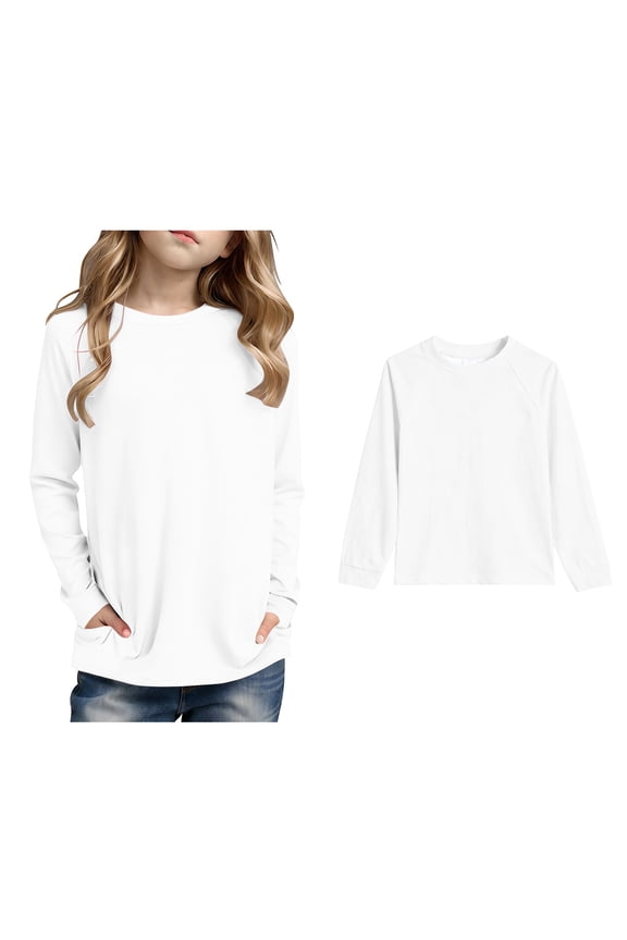 Tshirts for Girls White Long Sleeve Tshirts with Pocket Kids Crewneck T-Shirts Fall Clothes Little Girls Shirts 7-8 Years
