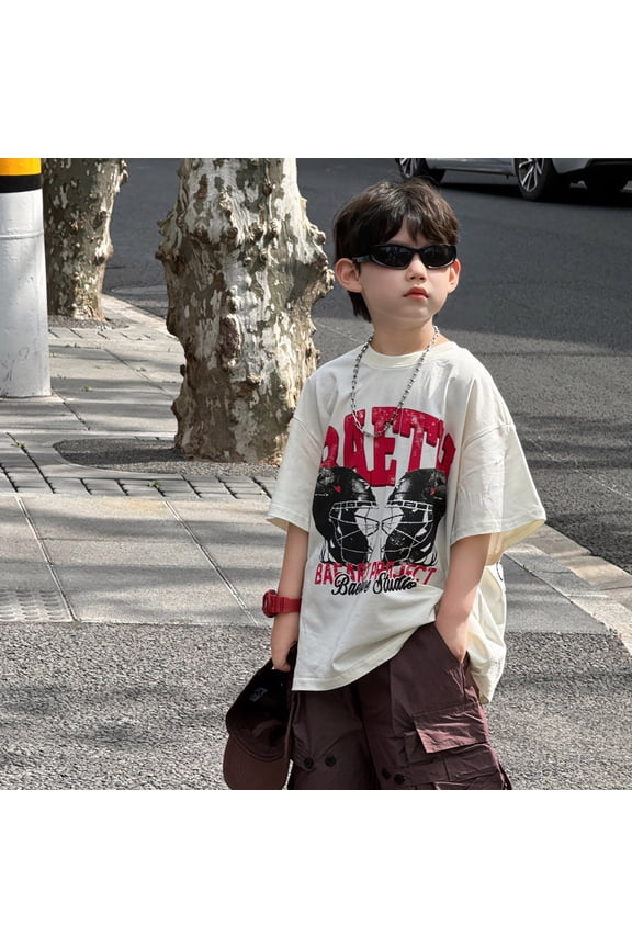 Tshirts for Kids Boys Kids American Letter Print Short Sleeve Crewneck Casual Tee Girls' Tops White 3-4 Years