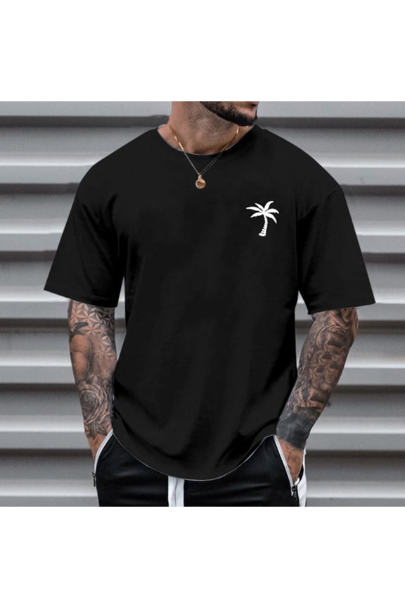 Tshirts for Men Casual Short Sleeve Soft Athletic Tops Crew Neck Coconut Tree Printed Stretch Sport Tees
