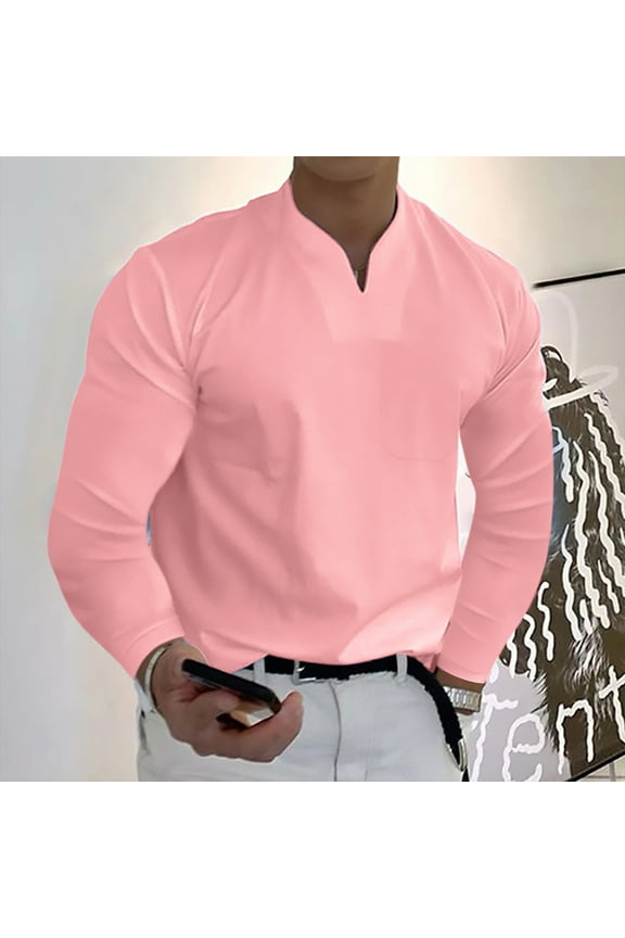 Tshirts for Men Long Sleeve V Neck T-Shirt Lightweight Pink Tee Shirts Mens Clothes