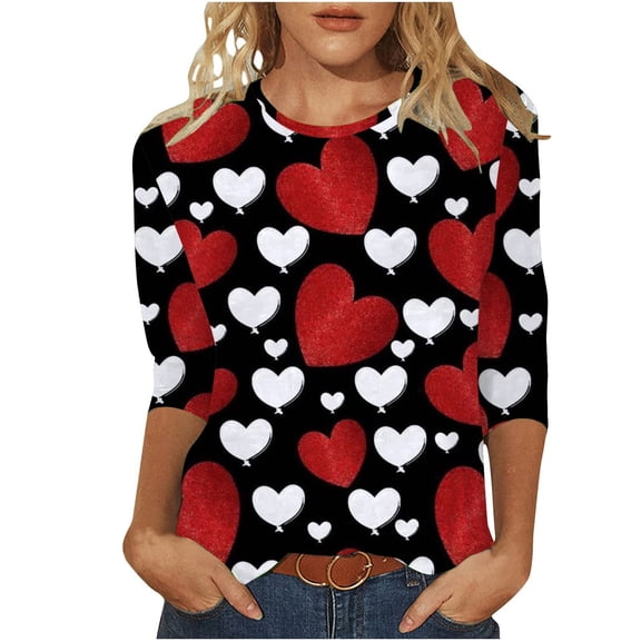 Tshirts for Women Autumn Winter Valentine's Day Heart Print Three Quarter Sleeve Crewneck T Shirt for Women Soft Warm Casual Top Black L