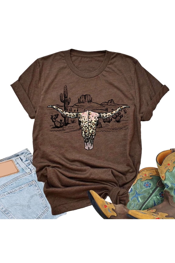 Tshirts for Women Bull Head Print Round Neck Short Sleeve Top Gypsy Style Womens Blouse Brown L