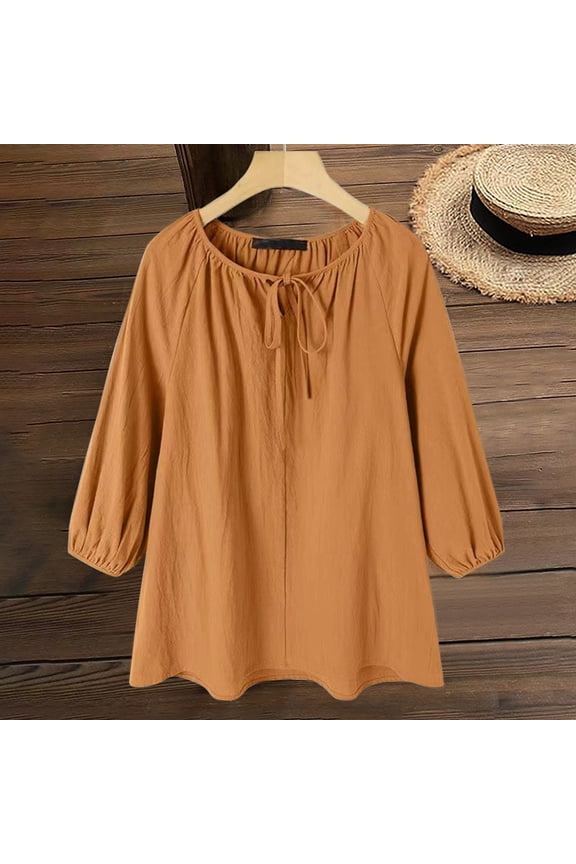 Tshirts for Women Casual Cotton and Linen Pullover Round Neck Loose Fitting Drawstring Sleeves Long Sleeved Shirt Ladies Tops and Blouses