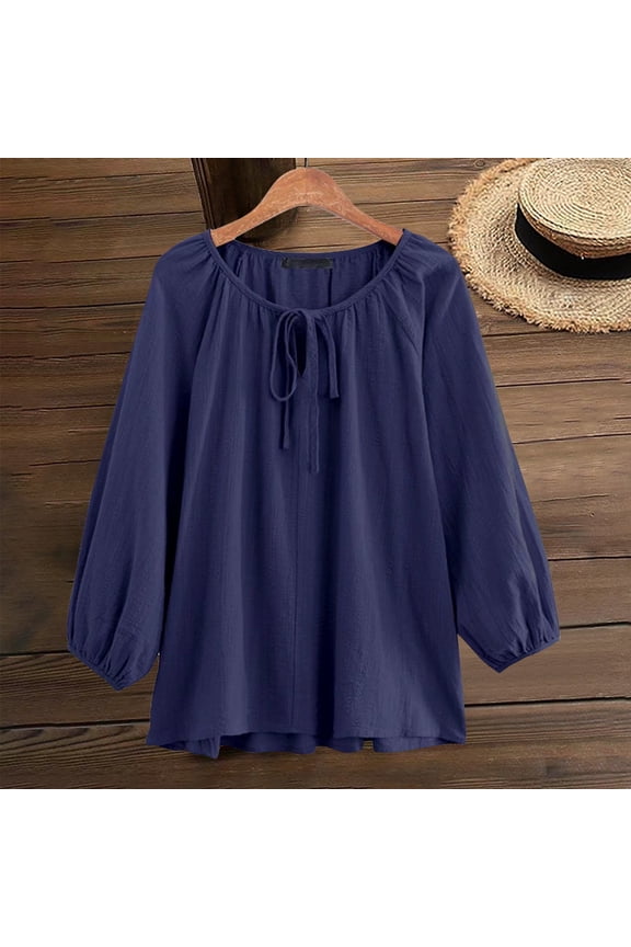 Tshirts for Women Casual Cotton and Linen Pullover Round Neck Loose Fitting Drawstring Sleeves Long Sleeved Shirt Ladies Tops and Blouses