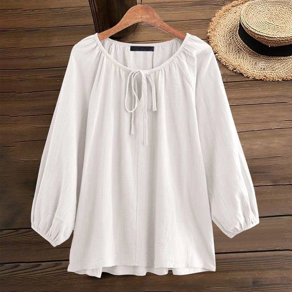 Tshirts for Women Casual Cotton and Linen Pullover Round Neck Loose Fitting Drawstring Sleeves Long Sleeved Shirt Ladies Tops and Blouses