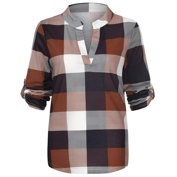 Tshirts for Women Casual Long Sleeve Plaid Shirt Slim Jacke Tops for Women Trendy Brown S