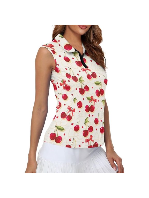 Tshirts for Women Cherry All Over Printed Turn Down Collar Sleeveless Zip Minimalist Knit Top Women Blouses