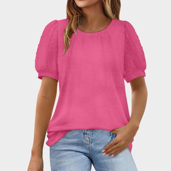 Tshirts for Women Crewneck Sexy Patchwork Lace Short Sleeve Knit Tee Blouse Summer Tops for Women Hot Pink XL