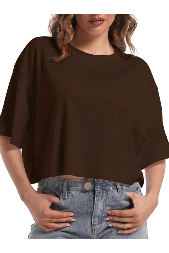 Tshirts for Women Drop Shoulder Round Neck Oversized Crop Tops Workout Tops Tees