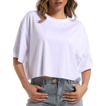 Tshirts for Women Drop Shoulder Round Neck Oversized Crop Tops Workout Tops Tees