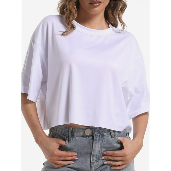 Women's Oversized Crop T-Shirt - Drop Shoulder Round Neck Workout Top - Comfort Casual Short Tee