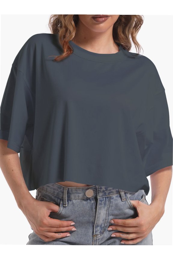 Tshirts for Women Drop Shoulder Round Neck Oversized Crop Tops Workout Tops Tees