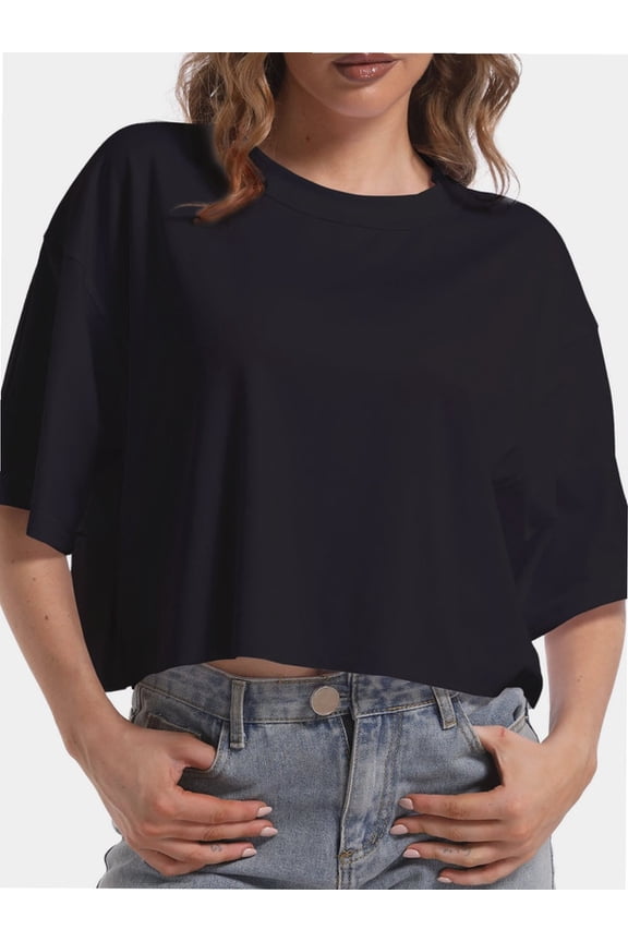 Tshirts for Women Drop Shoulder Round Neck Oversized Crop Tops Workout Tops Tees