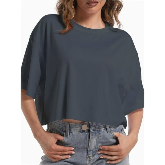 Tshirts for Women Drop Shoulder Round Neck Oversized Crop Tops Workout Tops Tees
