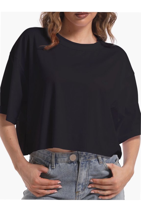 Tshirts for Women Drop Shoulder Round Neck Oversized Crop Tops Workout Tops Tees