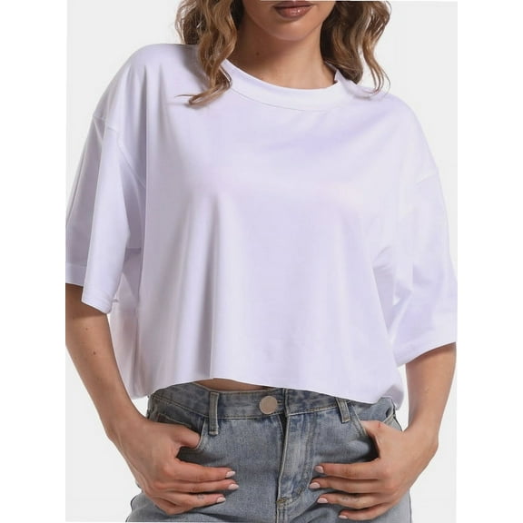 Tshirts for Women Drop Shoulder Round Neck Oversized Crop Tops Workout Tops Tees