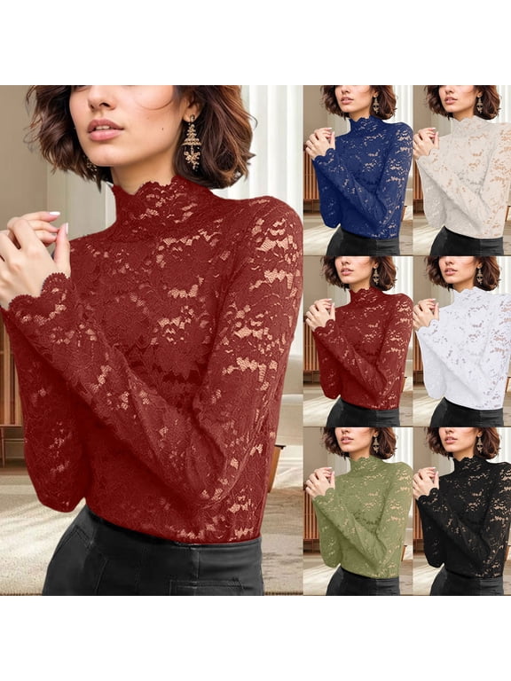Tshirts for Women Floral Lace Long Sleeve Mesh See Through Blouse Womens Tees Black XXXL