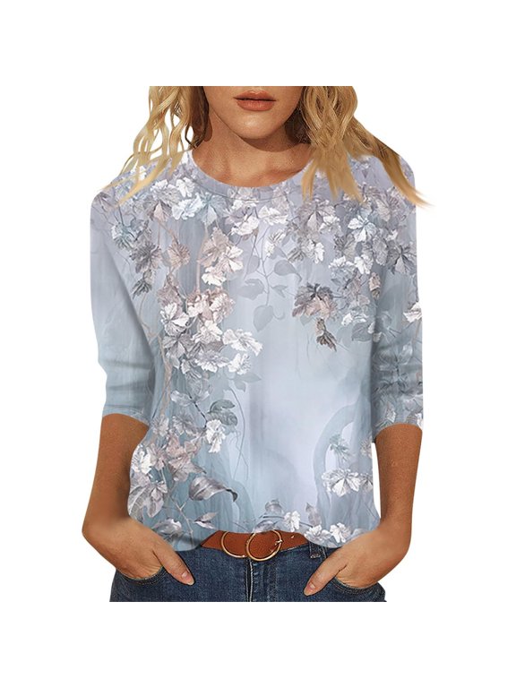 Tshirts for Women Flower Pattern Printed Round Neck 3/4 Sleeve Minimalist Trendy Plus Size Top Women Blouse
