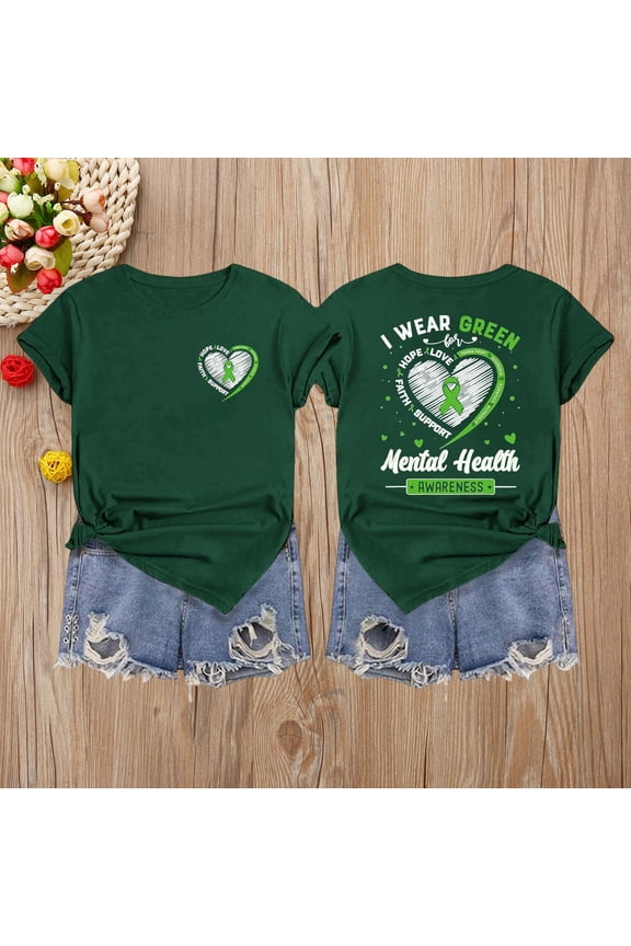 Tshirts for Women Heart Print Short Sleeve Round Neck Hope Top Breathable Green Xxl Womens Blouse