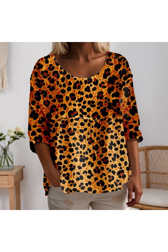 Tshirts for Women Leopard Print Round Neck Elbow Length Sleeve T-Shirt Energetic Playful Womens Tees Orange L