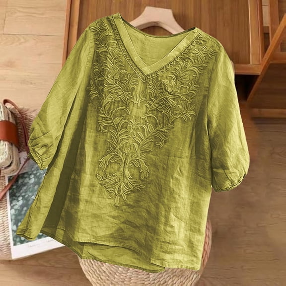 Tshirts for Women Linen Shirts for Women Summer 2025 Retro Embroidered 3/4 Sleeve Tops Loose Casual Boho Cute Blouses Trendy Ladies Tops and Blouses
