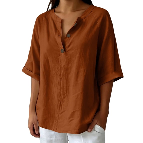 Tshirts for Women Mid Sleeve Neck Button Solid Daily Casual Blouse Summer Clothes for Women