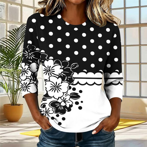 Tshirts for Women Polka Dot Floral Print Crew Neck 3/4 Sleeve Top Durable Pill Resistant Knit Fabric Stylish Blouse Women Blouses