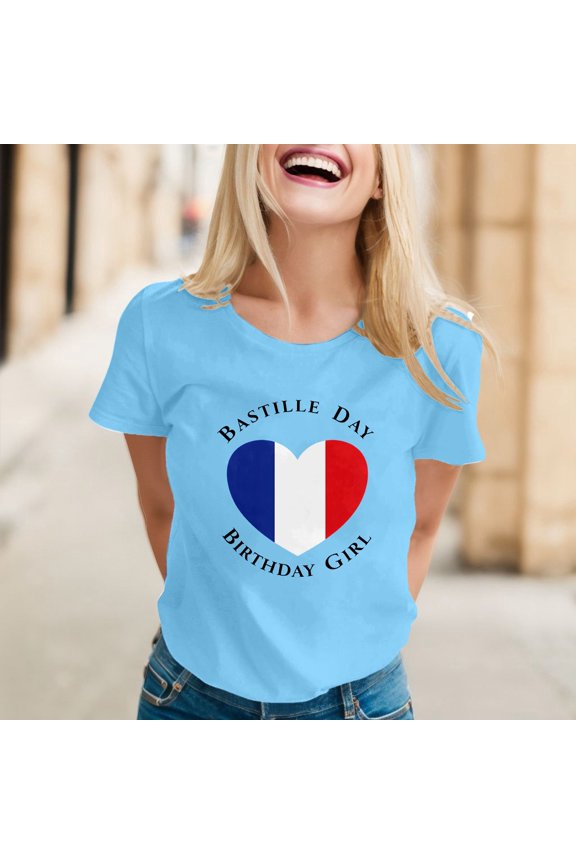 Tshirts for Women Round Neck Short Sleeve France Republic Day Tee Breathable Womens Blouse Sky Blue XL
