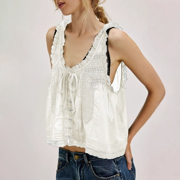 Tshirts for Women Sleeveless Lace Tank Tops Vacation Front Tie Mesh Chiffon Tops Fashion Clothing