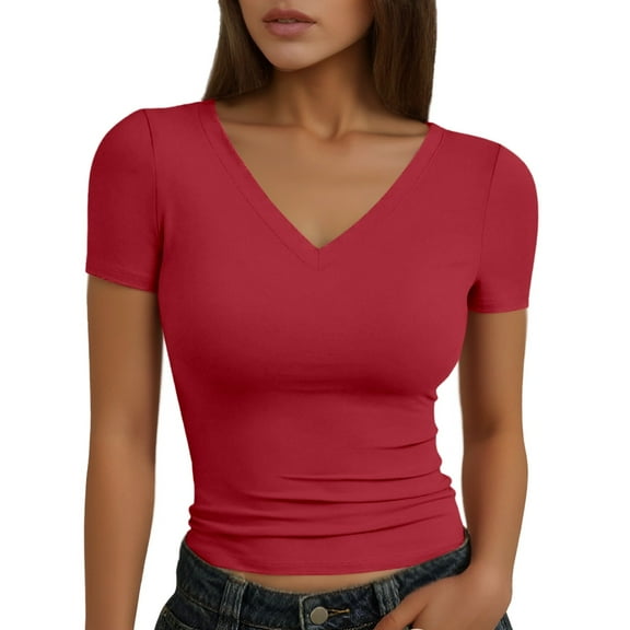 Tshirts for Women Solid V-Neck Short Sleeve Sexy Cropped Tee Tops Summer Trendy Stretch Slim Fit Pullover Workout Tunic Blouses