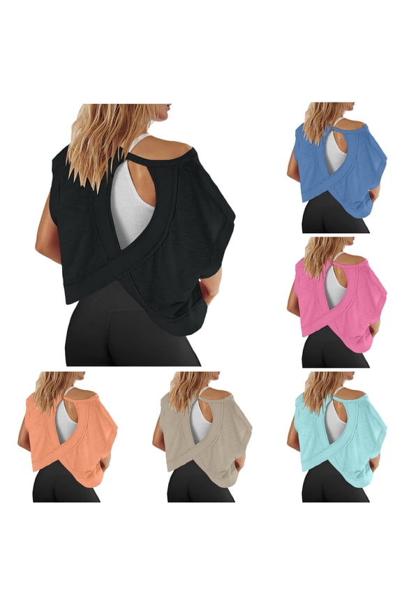 Oversized Tshirt Woemn Open Back Casual Lightweight Tee Shirts Yoga Athletic Solid Color Short Sleeve Tshirts Shirts for Women
