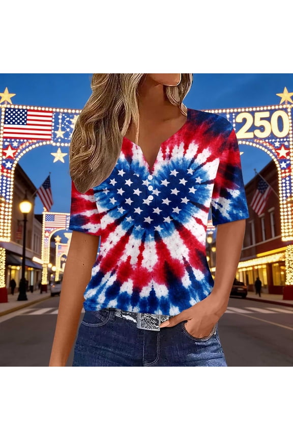 Tshirts for Women V Neck Short Sleeve Patriotic Print Top Snug Tees for Women Red M