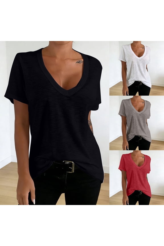 Tshirts for Women Women Casual Solid Short Sleeve Base Layer T Shirt Black L