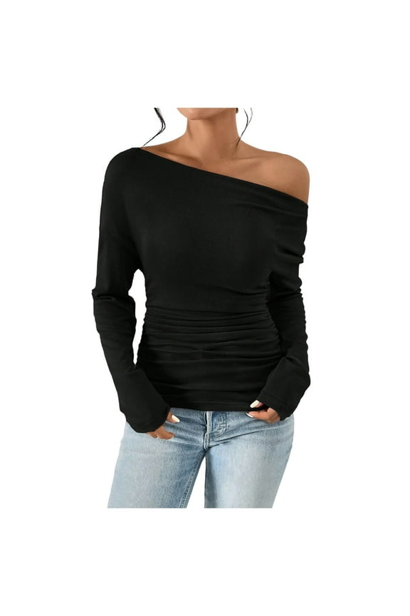 Tshirts for Women Y2K Sexy Off Shoulder Long Sleeve Asymmetrical Slim Fit Fall Blouse Womens Summer Tops Black XXL