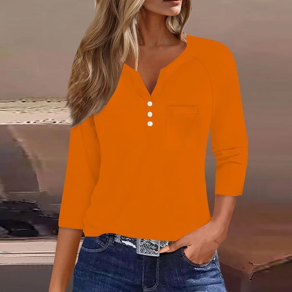 Tshirts for Women's Casual 3/4 Sleeve V Neck Button Down Tops with Pocket Loose Fit Blouse for Daily Wear Ladies Tops and Blouses