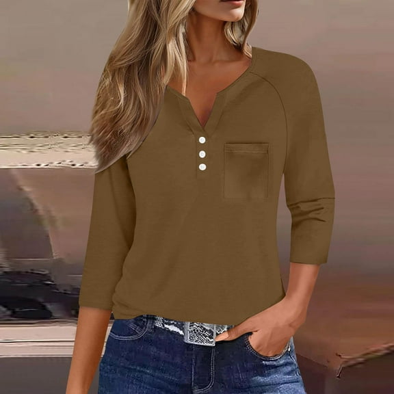 Tshirts for Women's Casual 3/4 Sleeve V Neck Button Down Tops with Pocket Loose Fit Blouse for Daily Wear Ladies Tops and Blouses