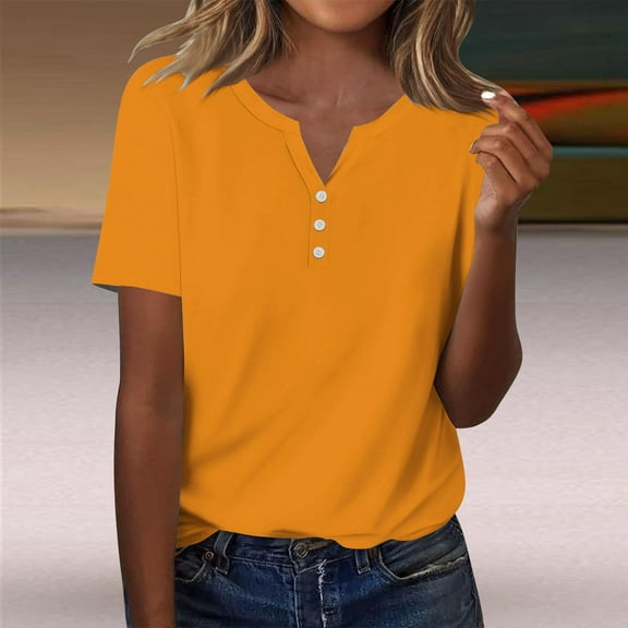 Tshirts for Women's Fashion Casual Solid Color Button Short Sleeve Top T Shirt Ladies Tops and Blouses